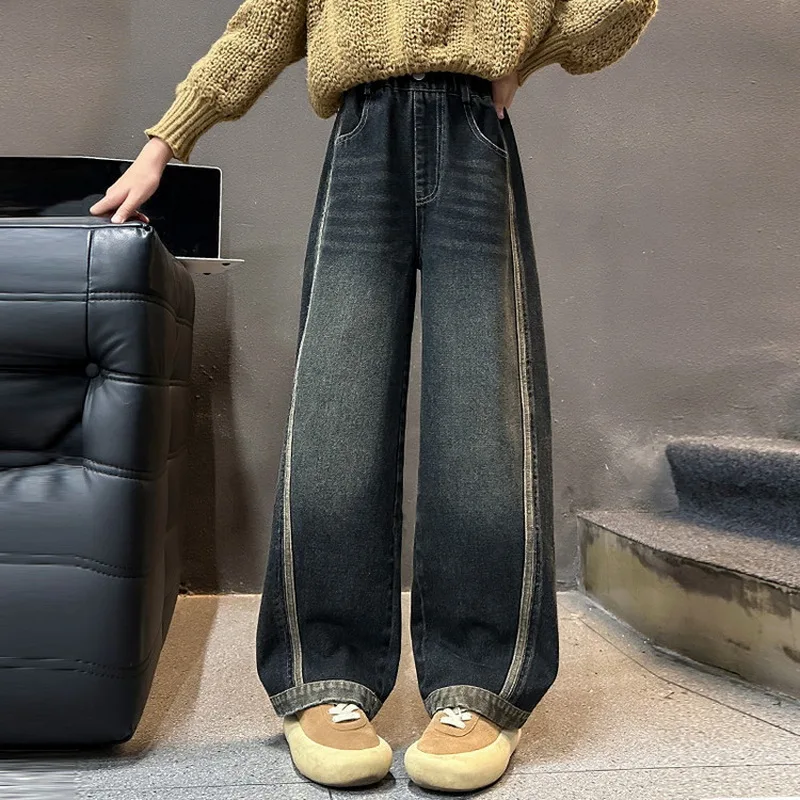 

Casual Children's Jeans for Girls Spring Autumn Denim Pants Elastic Waist Teenage Kids Jeans Wide Leg Trousers for 6 8 10 12 Yrs