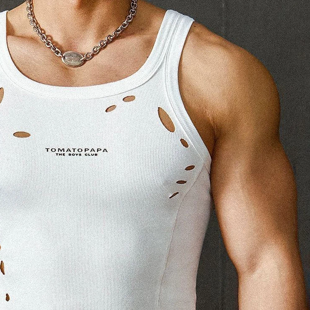 Verão novo masculino rasgado sem mangas colete americano retro moda tendência rua lazer fino respirável esportes ginásio nicho topos masculinos