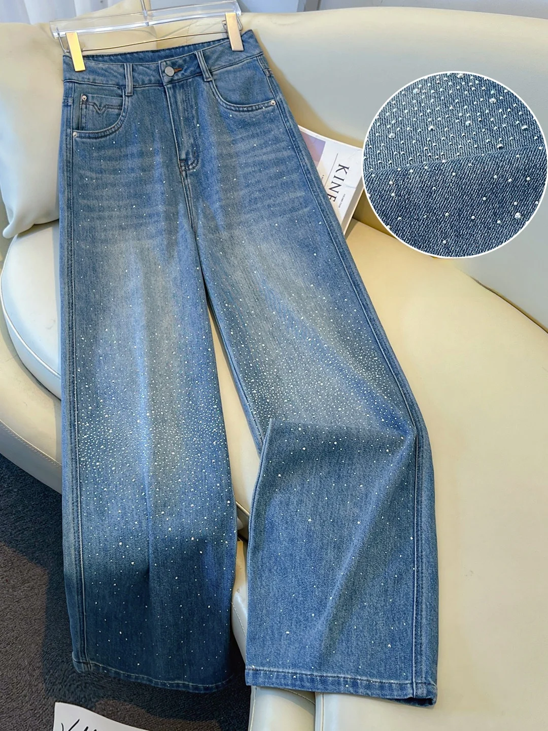 

iny Light Blue Wide Leg Straight Cut Jeans Women's High Waist Flaing Sparkling Denim Pants Spring 2026 New Sle