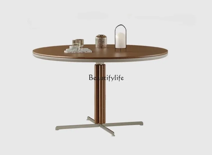 

LJY*Retro style all solid wood round dining table small apartment living room cherry wood designer stainless steel table