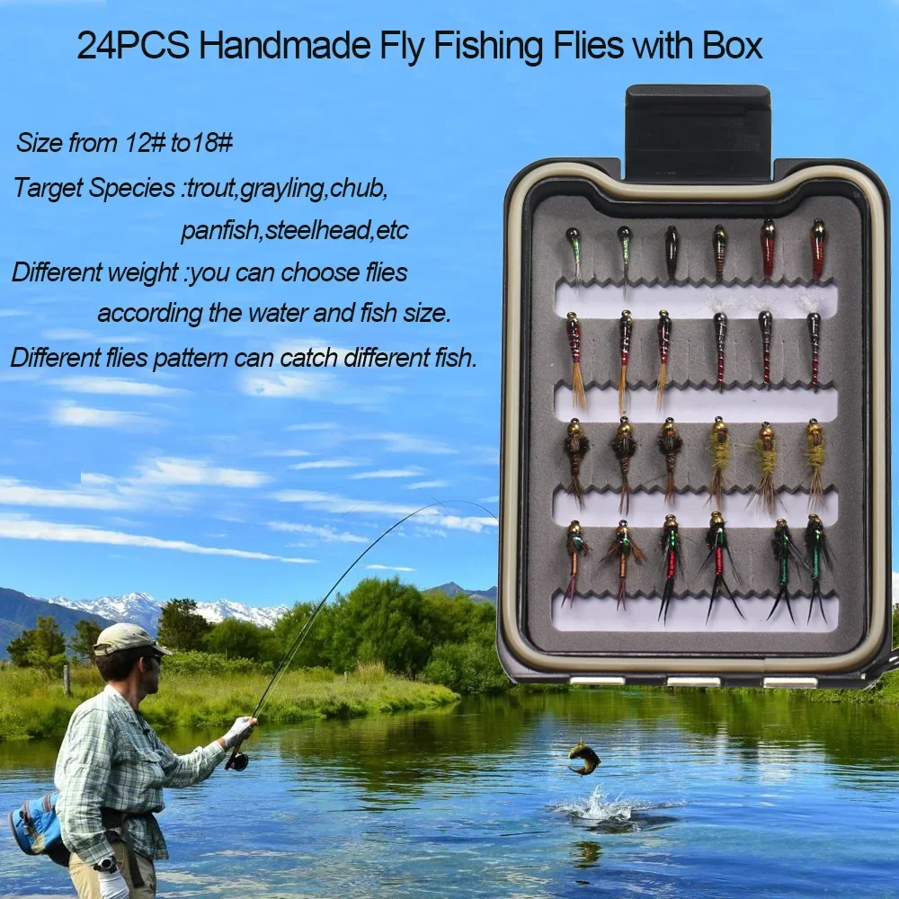 vtwins-24-個フライフィッシングハエキット詰め合わせ手作りキジの尾エポキシブザー銅ジョンパーディゴントラウト釣りルアー