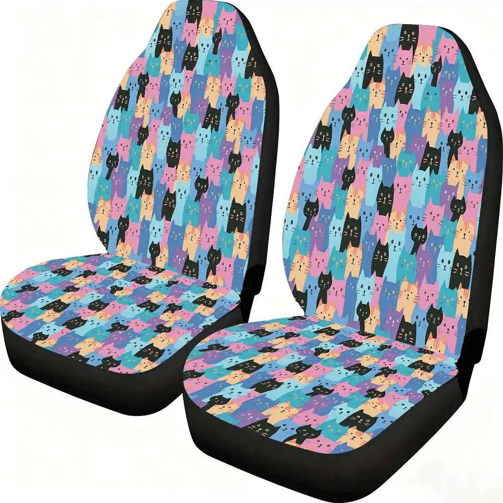 2pcs Colorful Cats Car Seat Covers Suitable For Front Seats, High Back Design, Material, Suitable For Cars SUVs And Trucks, Wome