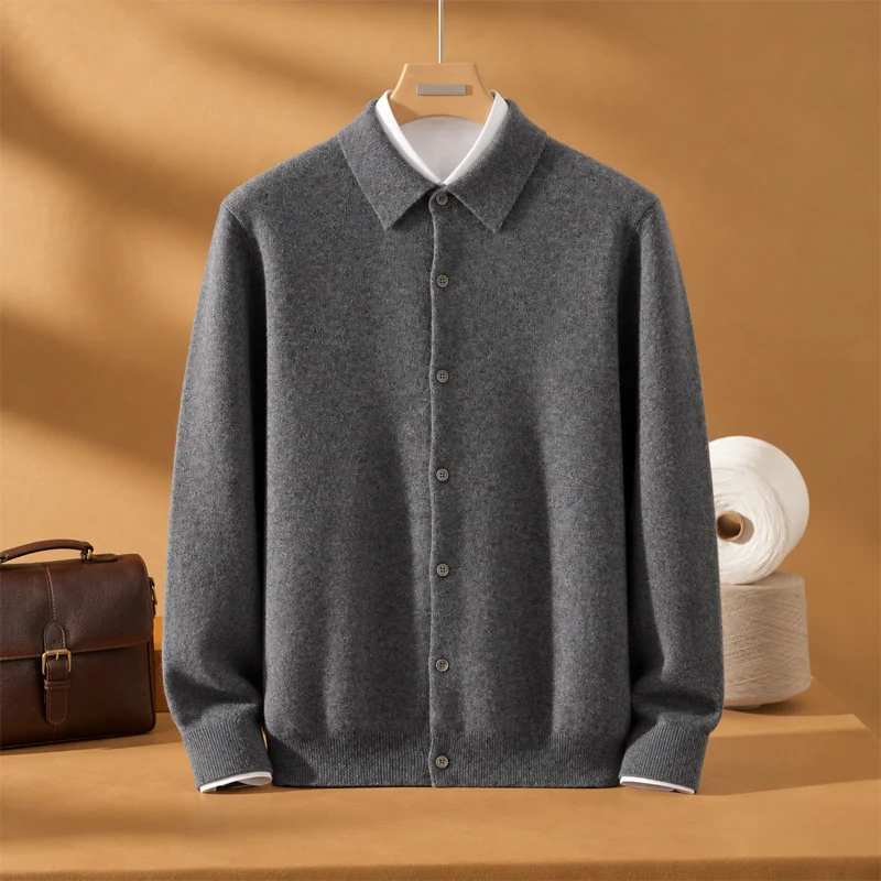 High End A-Class 100% Pure Cashmere Sweater Men Polo Collar Knitted Sweater Casual Business Shirt Autumn Winter Versatile Basic