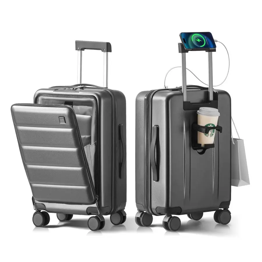 

IN Carry On Luggage 22x14x9 Airline Approved Front Pocket Hardside Travel Suitcase Unbreakable with Cup Holder,Charging Port,Sid