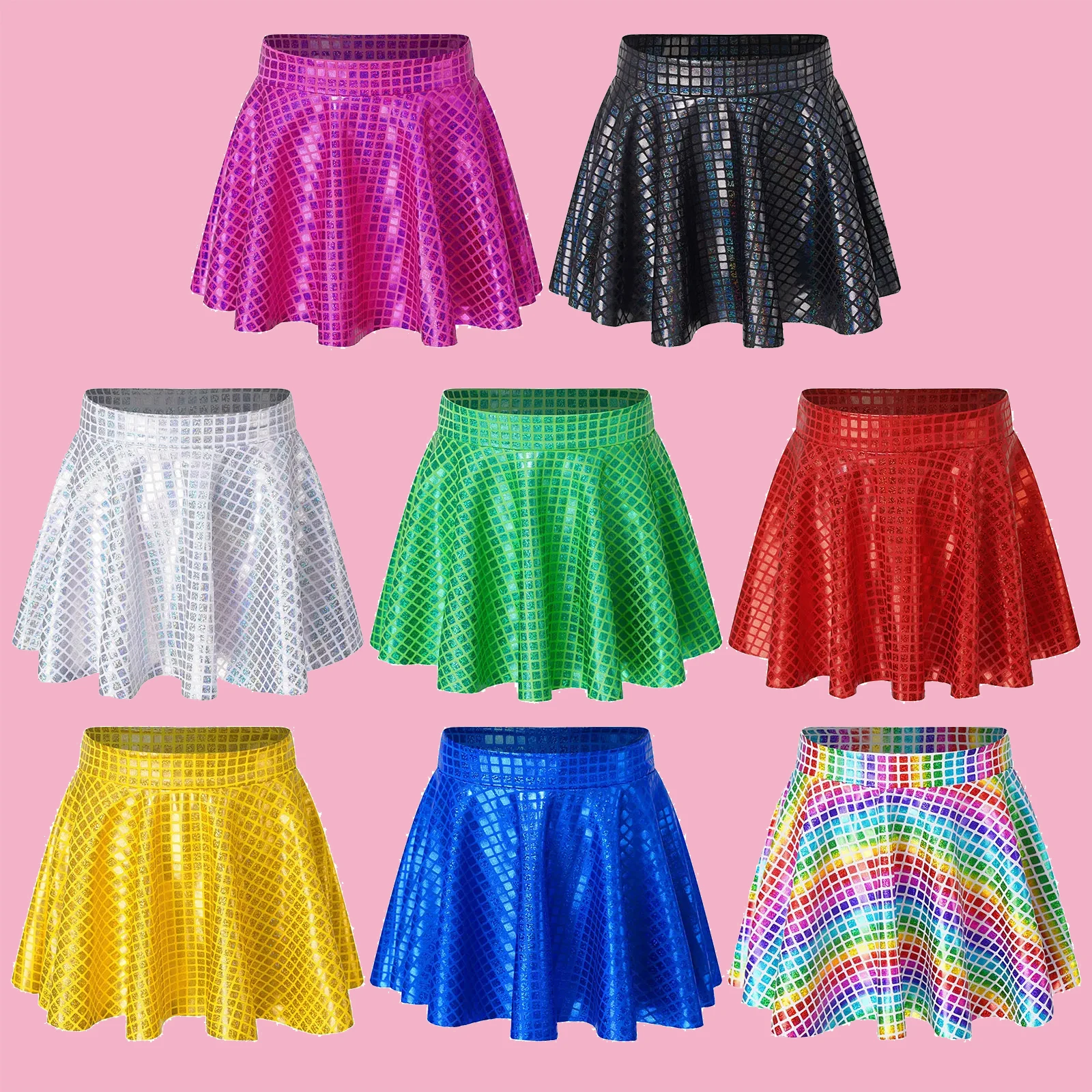 

Kids Girls Shiny Plaid Sequins Skirt Elastic Waistband Ruffled Skirts for Cheerleading Jazz Modern Dance Stage Performance