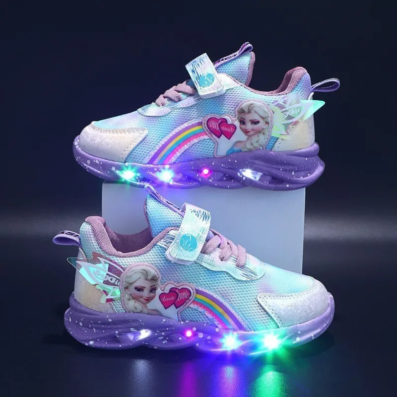 Anime Elsa LED-schoenen voor kinderen Meisjes Cartoon Outdoor Sport Casual schoenen voor kinderen Hardlopen Ademende PU-sneakers van mesh