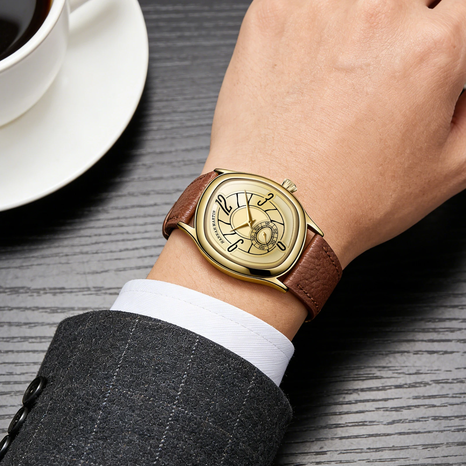 HANNAH MARTIN High-end Man Watch Creative Leather Atmospheric Noble Gift Box Set Gold Dreamy Geometric Case  Watch Men Clock - view 6