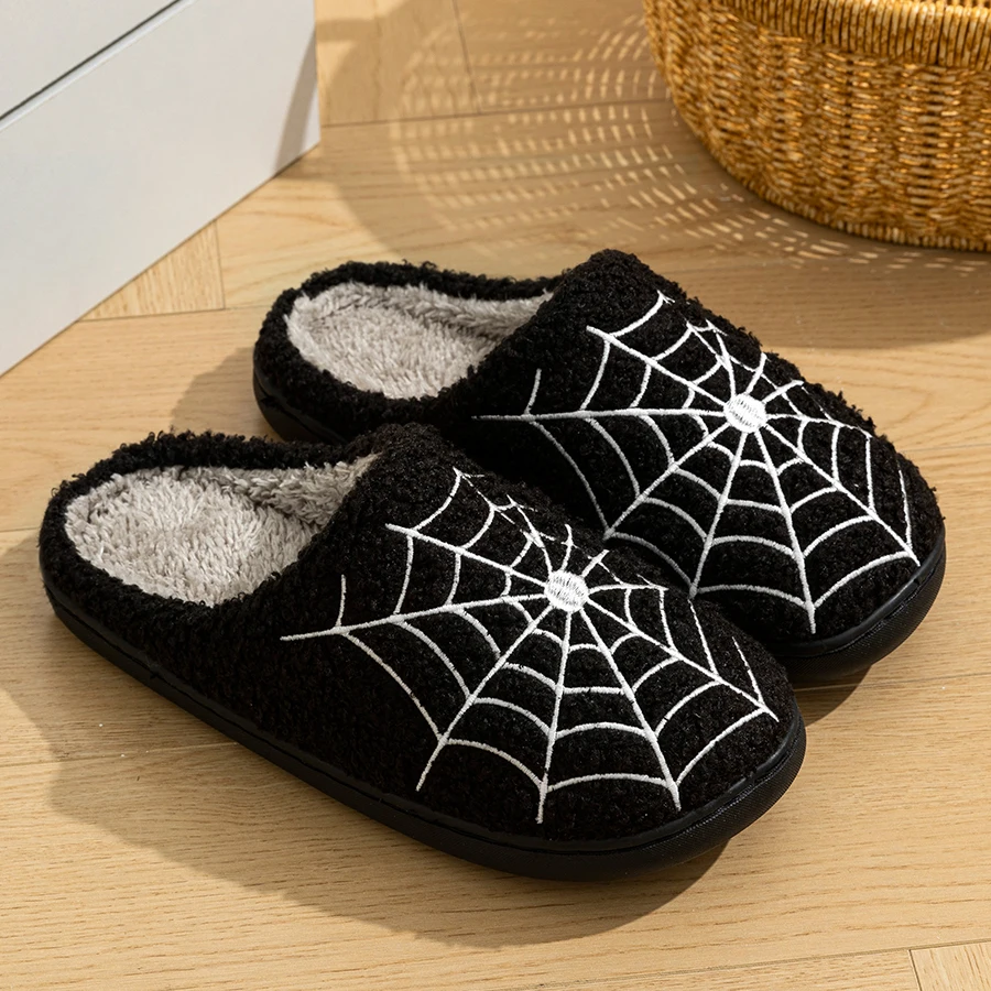 Halloween Funny Cobweb Fashion Women's Slippers Cartoon Warm Soft Exquisite Slipper Bedroom Dormitory Comfy Leisure Winter Shoes