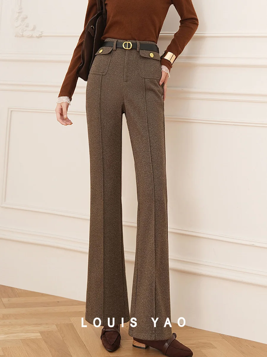 LOUIS YAO 2025 Winter High Waisted Micro Flared Pants with Suit Thick Heat Storage Casual Pants for Women