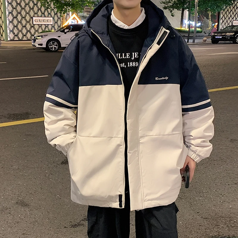 

Мужская зимняя утепленная теплая хлопковая куртка с капюшоном, ветрозащитная, водонепроницаемая, молодежная, модная, повседневная, в стиле колор-блок