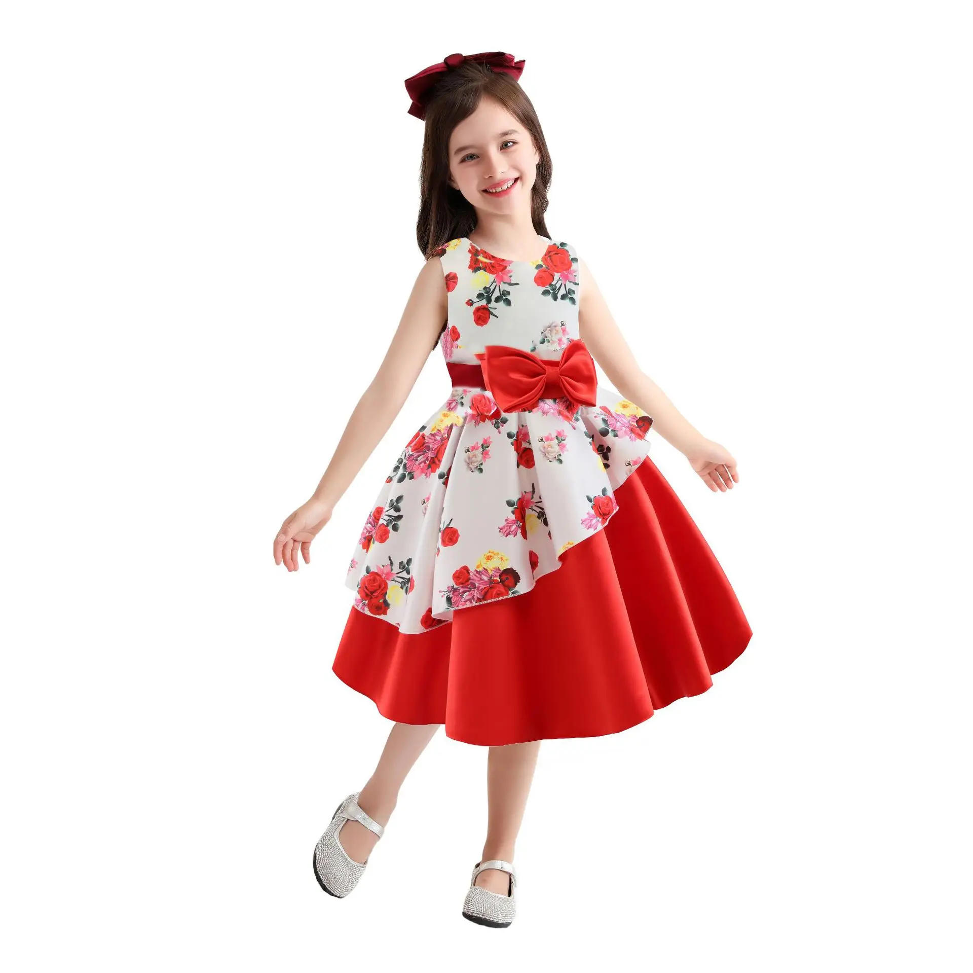 Flower Bow Girls Dress, Summer Irregular Hemline Print Princess Dress Christmas Birthday Gift 2 3 4 5 6 8 10 Years Kids Clothes