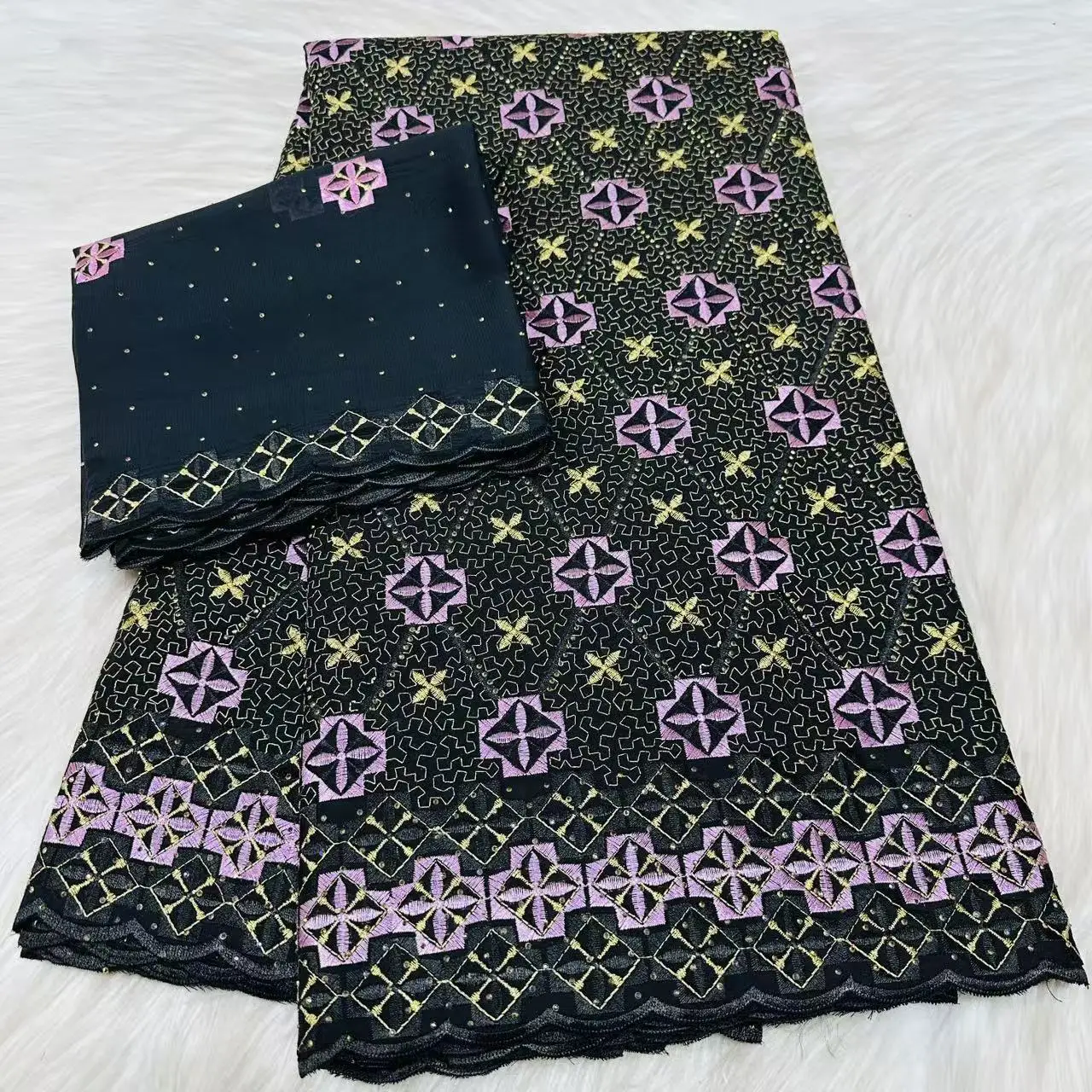 

5+2 Yards Stones Black French African Lace Cotton Fabric 2026 New High Quality Swiss Voile Lace In Switzerland For Party KYC2602