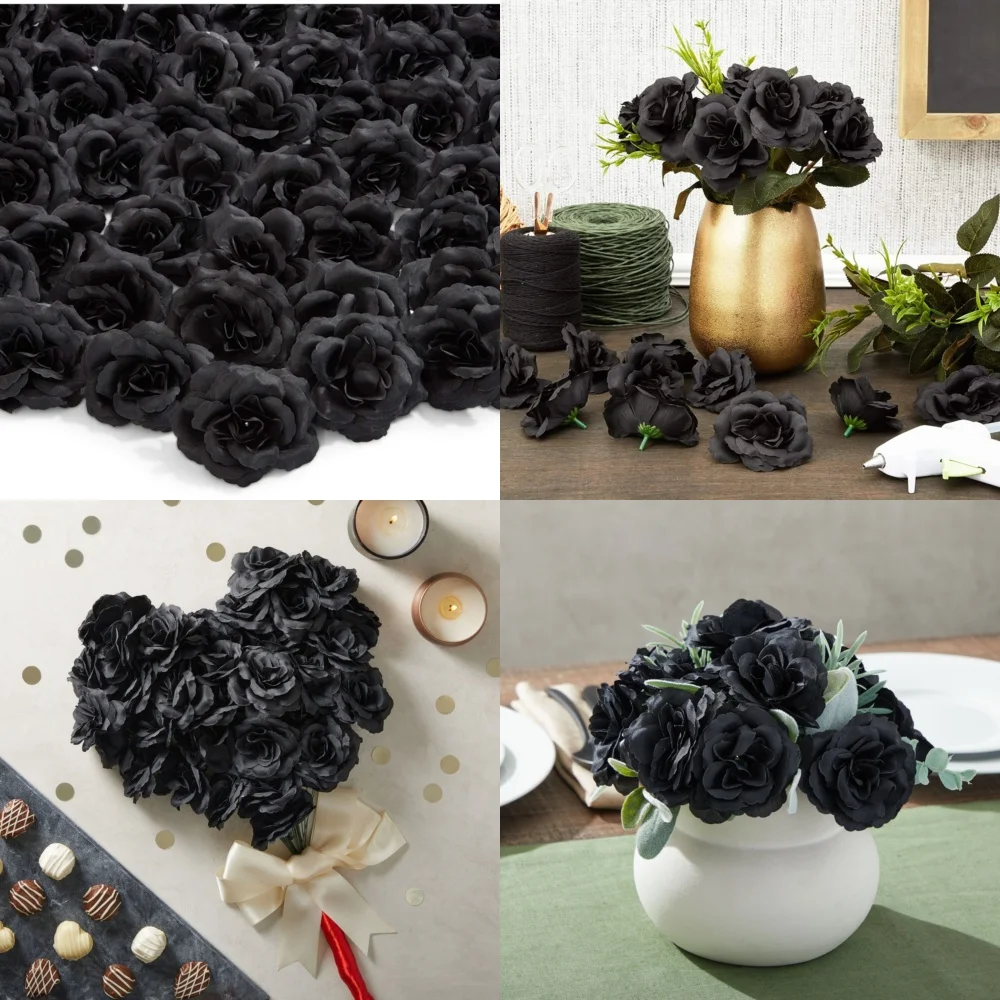 

50 pcs Black Rose Artificial Flowers Bulk 3 Inch Silk Fake Roses Unstemmed Lifelike Decor for Wedding Home Party Event Supplies