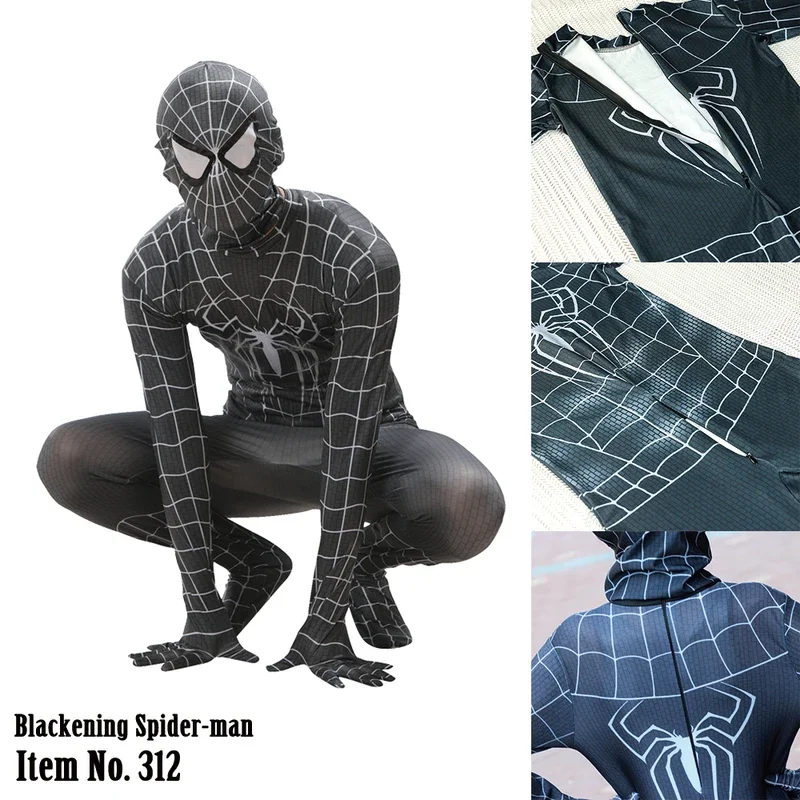 MARVEL Schwarze Spider-Man-Kostüme Blackening Spiderman Cosplay Bodys Overalls mit Kopfbedeckung Partykleidung Geburtstagsgeschenk