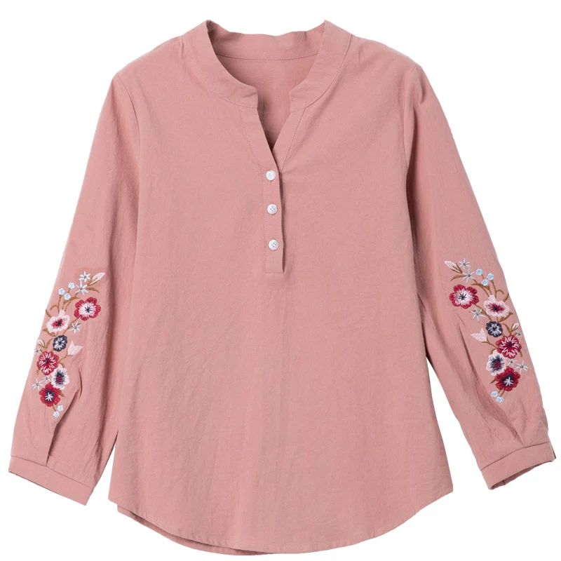 تي شيرت نسائي طويل من القطن والكتان لربيع وخريف طبقة أساسية قابلة للتنشيط للأمهات في منتصف العمر بتفاصيل زر على شكل حرف V #5