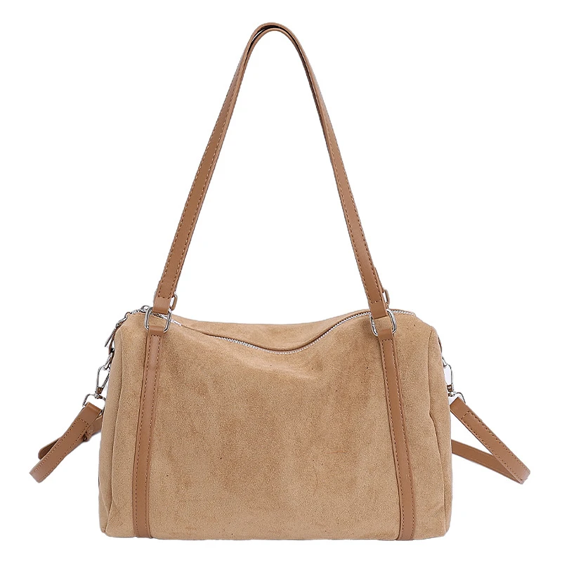 Damen-Handtaschen mit großer Kapazität, lässige Retro-Umhängetaschen aus Wildleder mit Reißverschluss, einfarbige Schultertaschen für den Alltag. – Detail 36