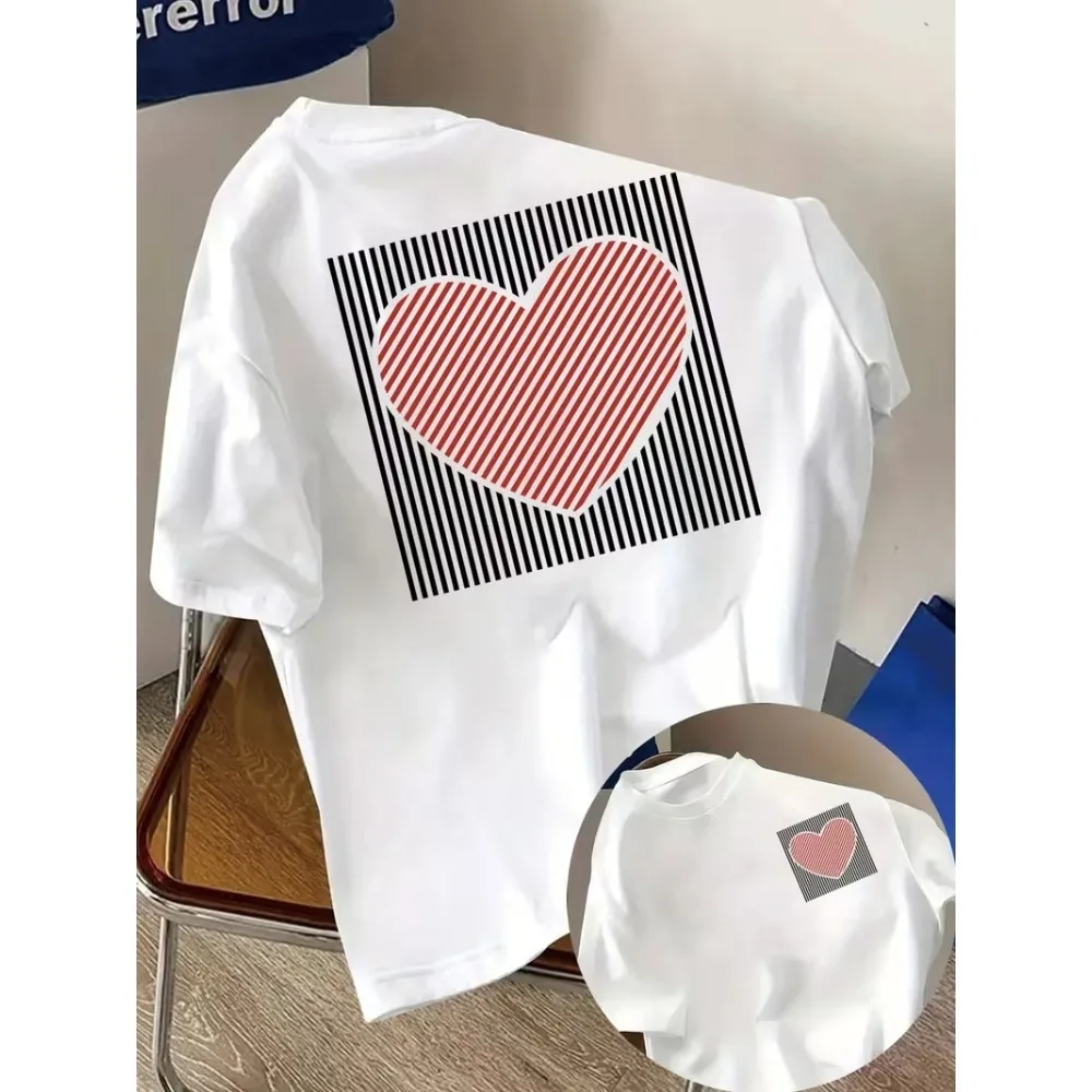 Blue Stripes and Red Heart Graphic Tee for Men Breathable Cotton Perfect for Summer Streetwear Trendy Minimal Love Style