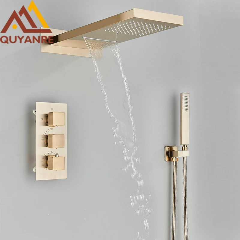 Матовый золотой Термостатический смеситель для душа Quyanre, дождевой Душ «Водопад» с 3-сторонним термостатом, кран для ванны и душа Матовый золотой Термостатический смеситель для душа Quyanre, дождевой Душ «Водопад» с 3-сторонним термостатом, кран для ванны и душа