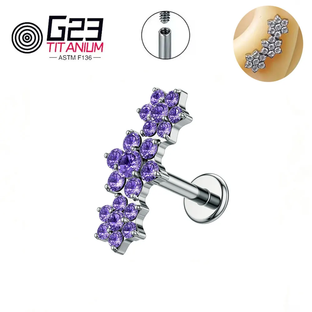 ASTM F136 Titan Dreifach-CZ-Blumencluster Labret mit Innengewinde für Tragus, Monroe, Knorpel – Detail 6