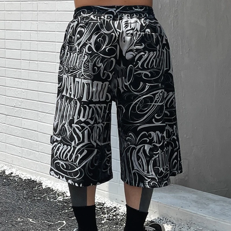 Streetwear West Coast Full Print Floral Over Knee Shorts for Men Summer Patchwork Wide Leg Baggy Five Points Pants Oversized