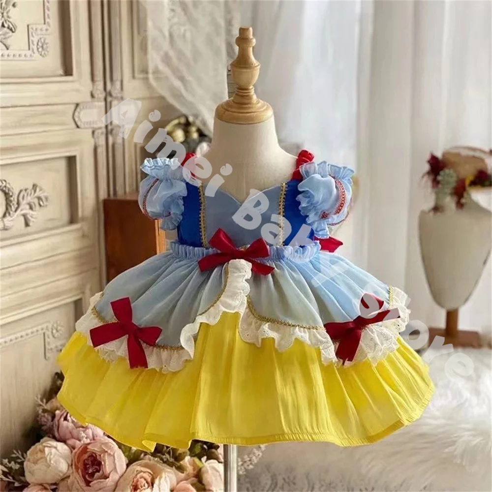 

Spanish Vintage Lolita Girl Dress Lace Stitching Short Sleeve Bowknot Birthday Party Easter Princess Dresses For Girl