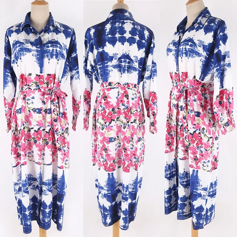 T-Shirt Kleid Frauen Sommer Floral Maxi Gürtel Lange Kleider Boho Oversize Drehen Unten Kragen Blume Drucken Tropical Kaftan Abdeckung Ups