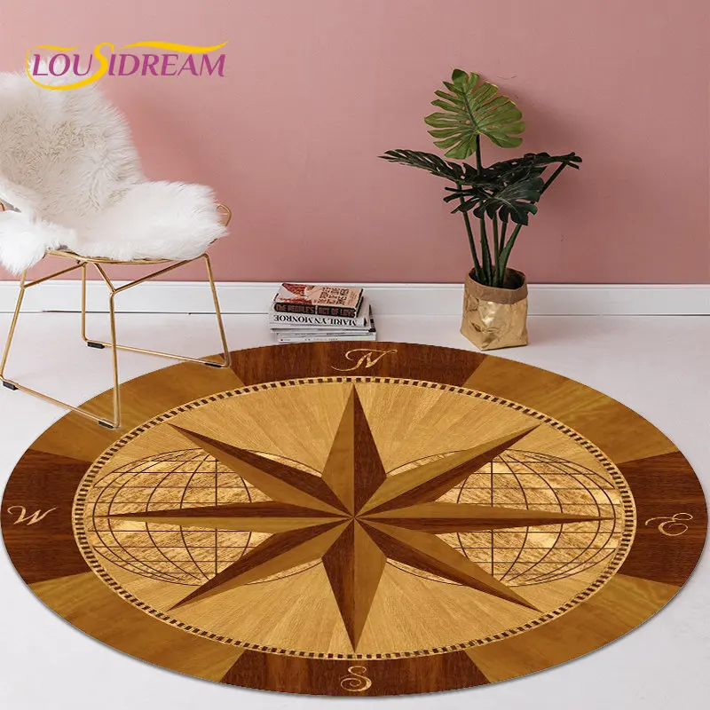 3D 만화 레트로 나침반 원형 영역 러그, 거실 침실 소파 장식용 라운드 카펫 러그, 어린이 미끄럼 방지 바닥 매트, 애완 동물 매트