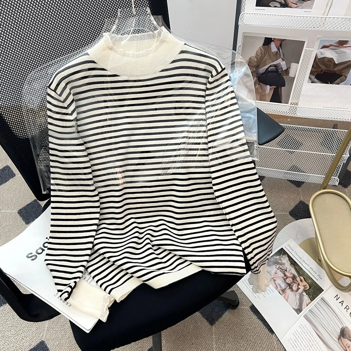 

Женская шерстяная вязаная кофта на осень-зиму, повседневная, с длинным рукавом, в полоску, базовый слой, топ