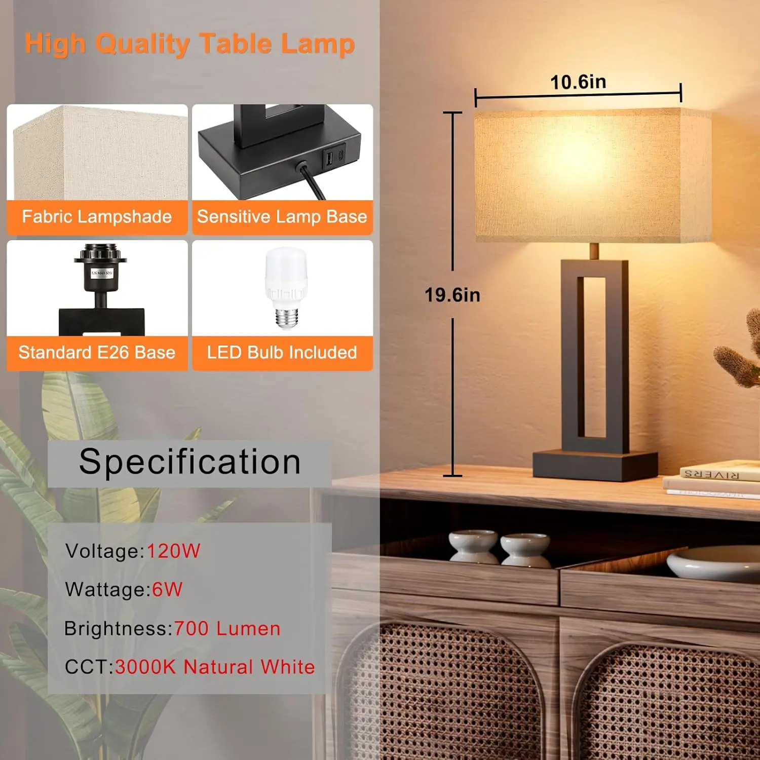 Touch Control Dimmable Bedside Lamps with USB C+A Charging, LED Bulbs Included, Easy Assembly