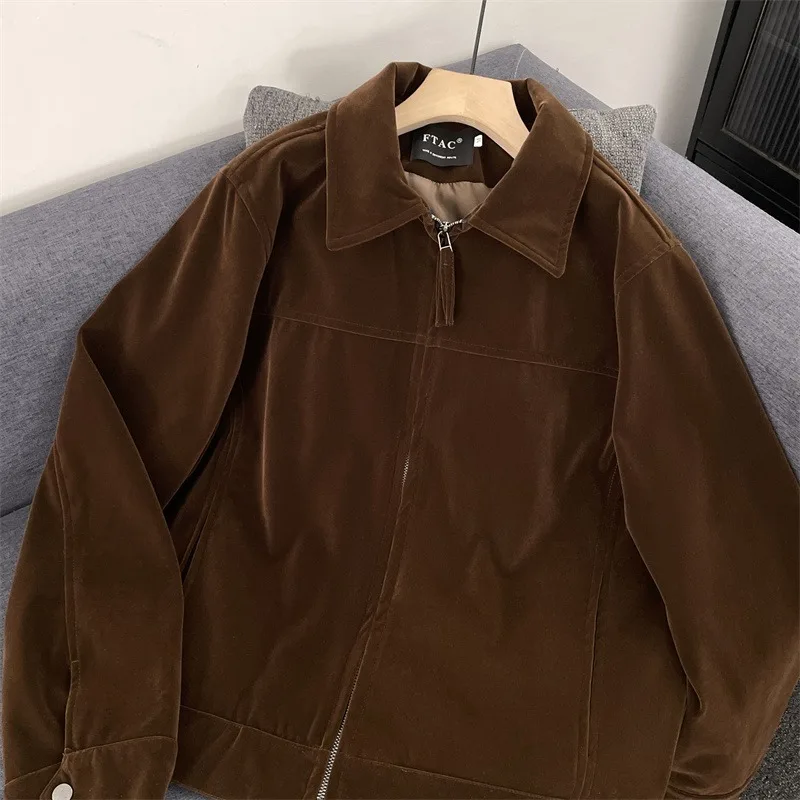 

American Retro Suede Jaet Men's Casual Lapel Loose Fit High-End Feel Cool Leisure Top Zipper Closure No Hat Autumn Wear