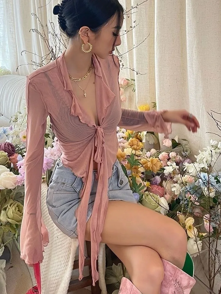 

Korean Fashion Style All-match Solid Design Elegant Casual Long Flare Sleeve Blouses for Women Lace-up Mesh Sexy Sweet Hot Girls