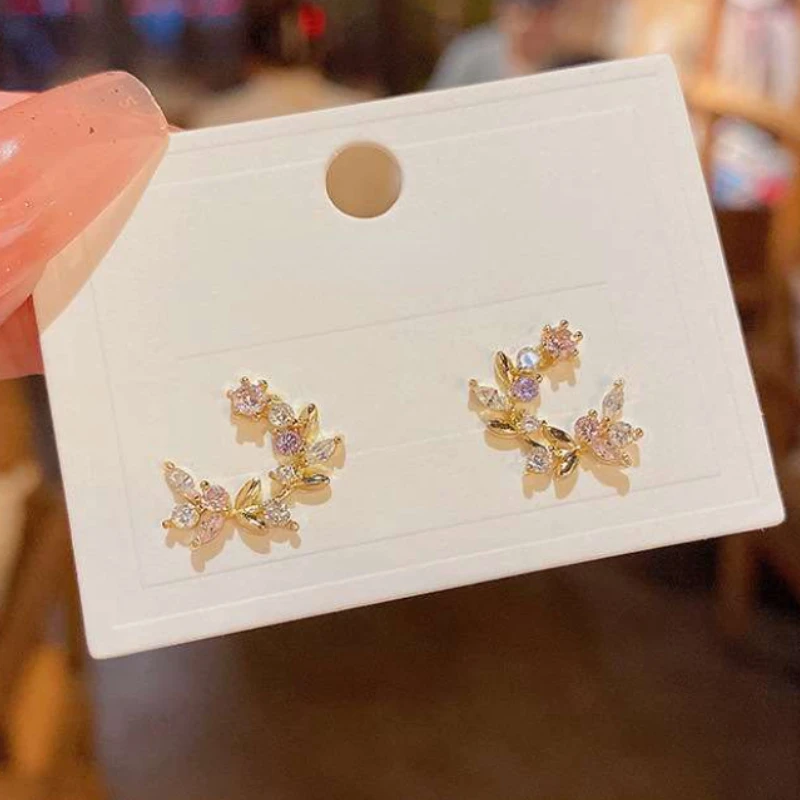 Exquisite Colored Inlaid Rhinestone Leaf Earrings for Women Curved Moon High-end Stud Earrings Temperament Luxury  Jewelry
