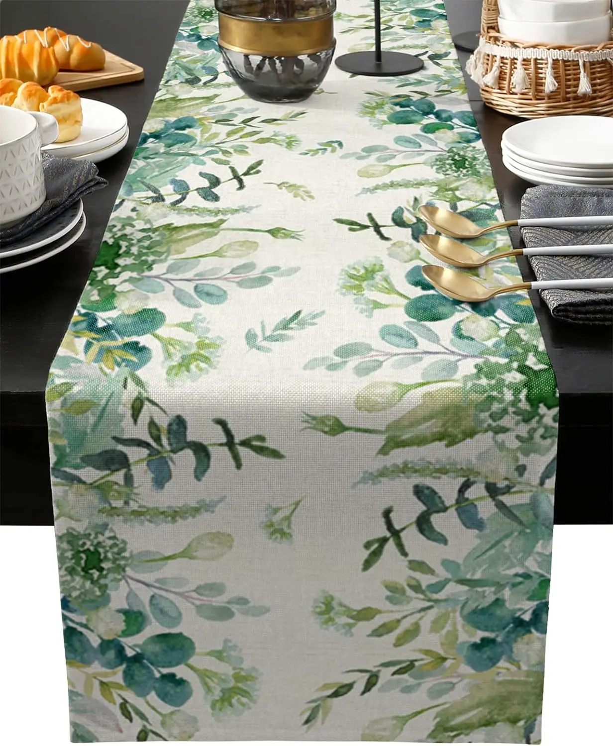 Green Eucalyptus Linen Table Runner Spring Flower Plant Watercolor Floral Dresser Scarves Table Decor Kitchen Dining Table Decor