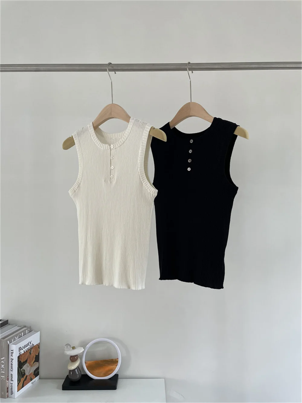 

Round Neck Button Down Vest Commuter Cotton Wool Top For Women