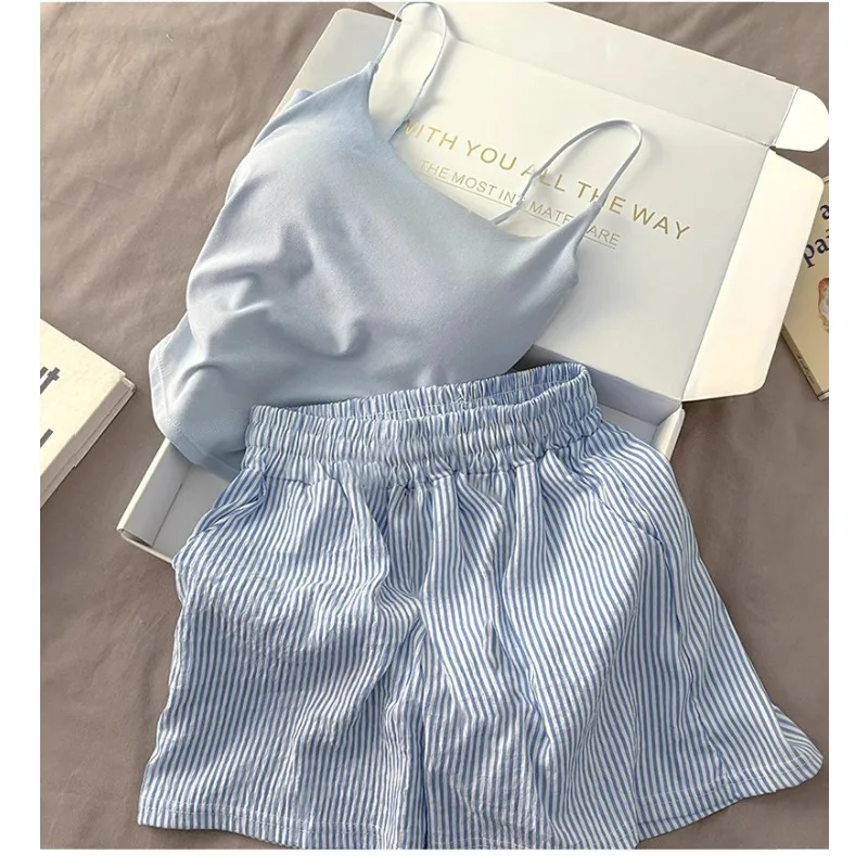 Solid Color Pajamas with Chest Pads Striped Shorts Women Summer Thin Camisole Shorts Loungewear Large Pajamas Two-Piece Set