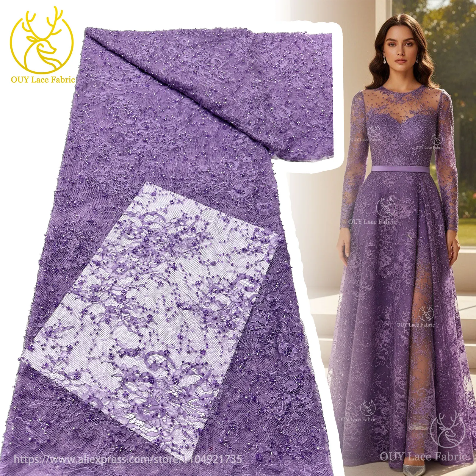 

African Beaded Lace Fabric 2025 High Quality Lace French Mesh Beaded Decoration Nigerian Swiss Lace Fabric Bridal Party Dresses