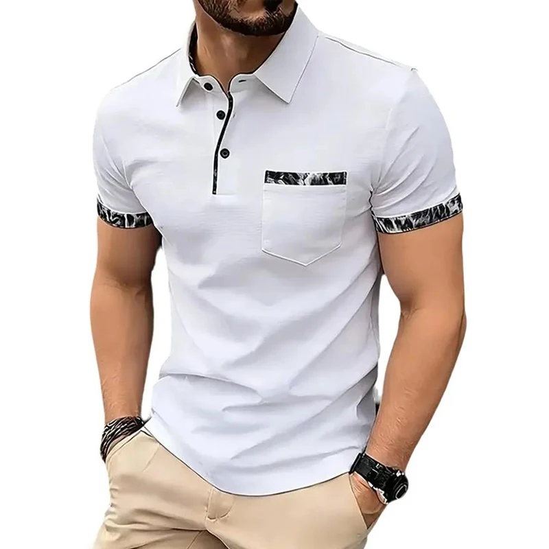 Summer Men's Solid Pocket Splicing Polo Shirts Short Sleeve Breathable Casual Contrast Color Lapel Collar Streetwear Basic Tops
