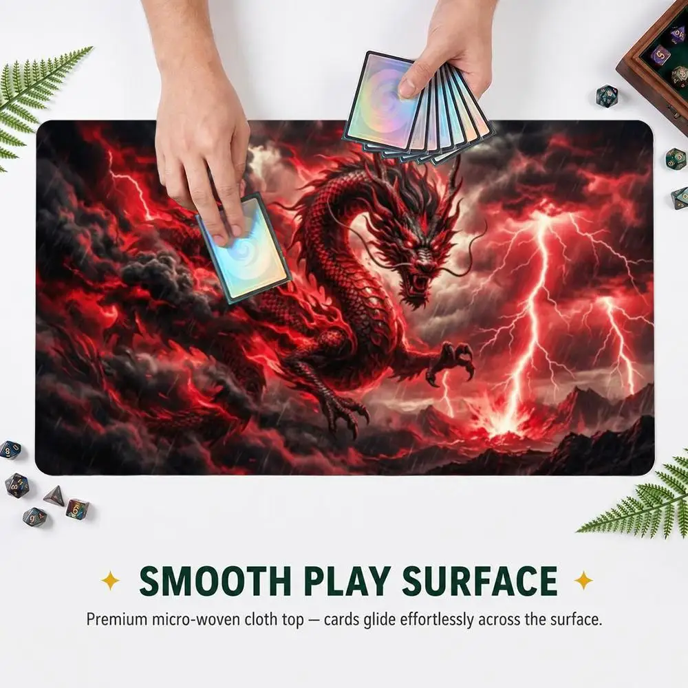 Red Chinese Dragon Thunder Volcano Playmat Large TCG Trading Card Game Mat Non-Slip Rubber Table Mat with Stitched Edge Desk Pad