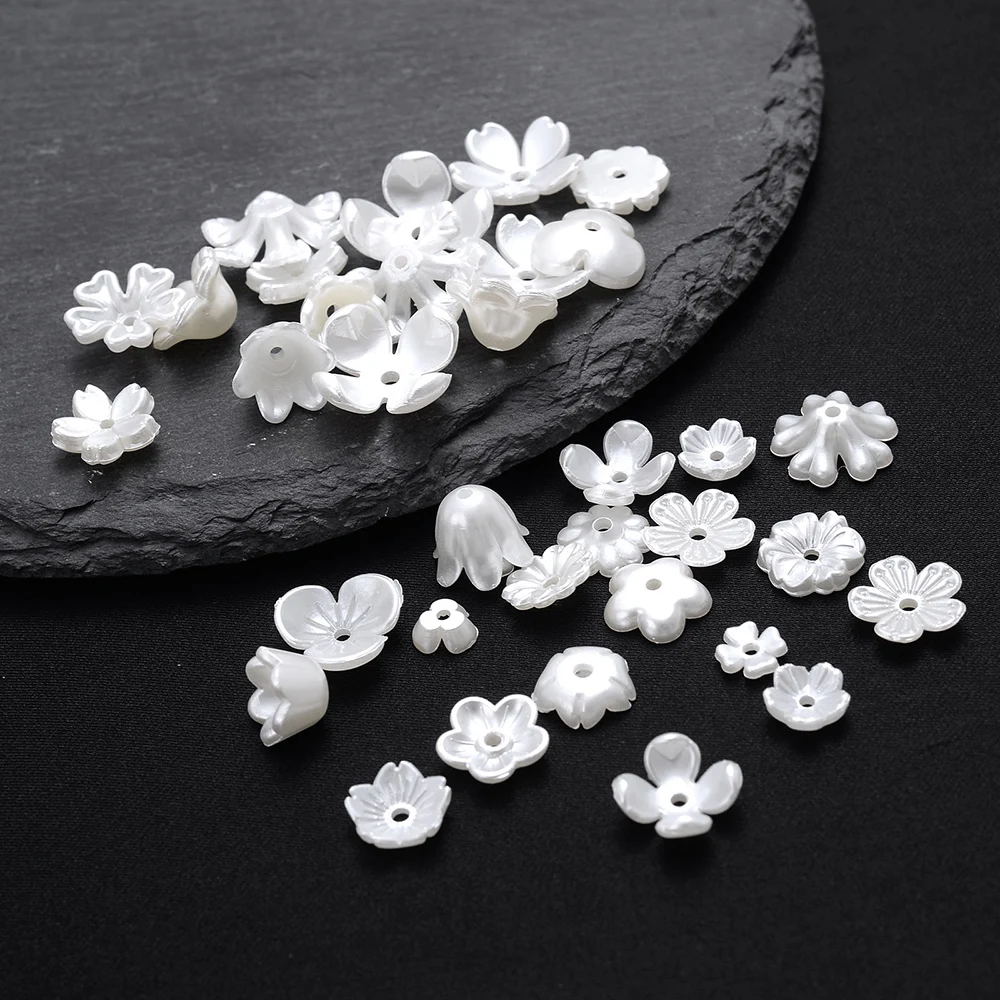 iYOE 100pcs 28 Style Flower Spacer Beads Imitation Pearl White Acrylic Flower Beads Caps For Making Jewelry Accessories Diy Dead