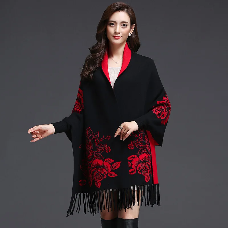 11 Colors Autumn Winter Cloak Tassel Long Batwing Sleeves Shawl Jacquard Weave Knitted Outstreet Wear Cape Loose Poncho Knitwear