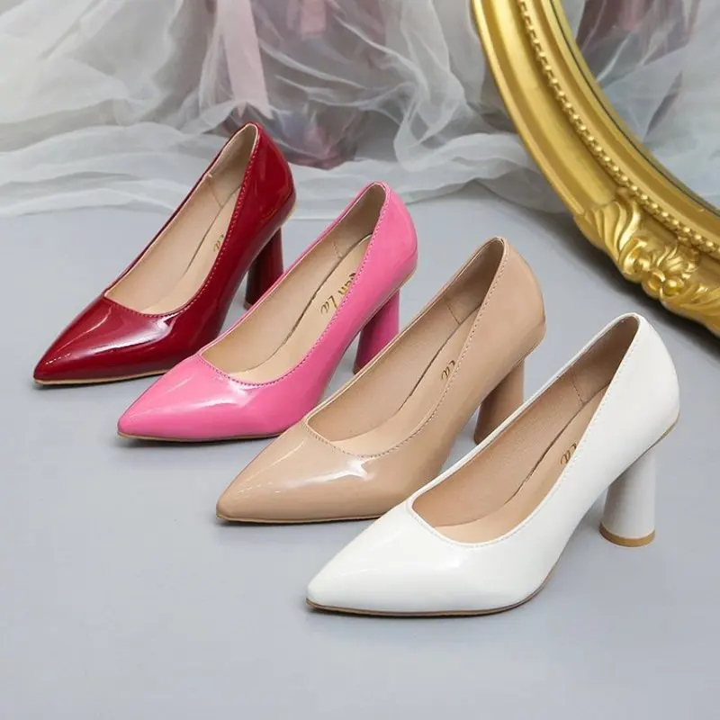 

2024 Super High Heel Pointed Shallow Patent Leather High Heels Fashion Elegant Shoes Women Thin Heel Platform Work Shoes Pumps