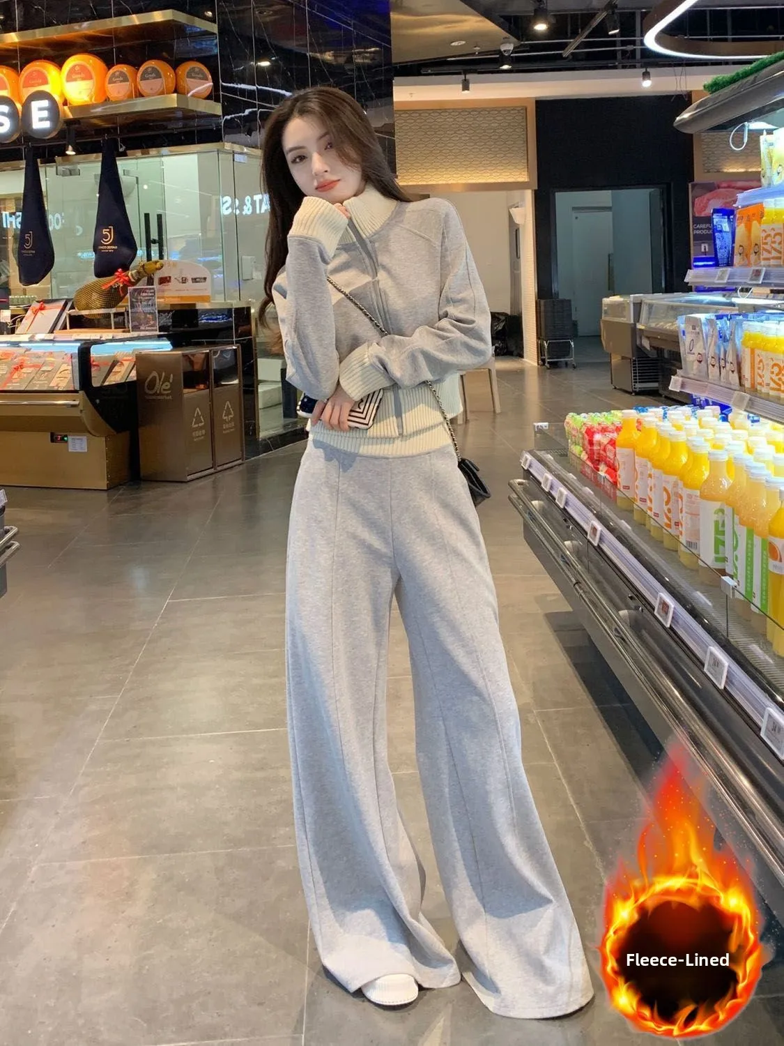 Korean Lazy Style Casual Sports Set Women's Winter Thickened Fleece Wide Leg Pants Sweater Two Piece Set Slimming Effect