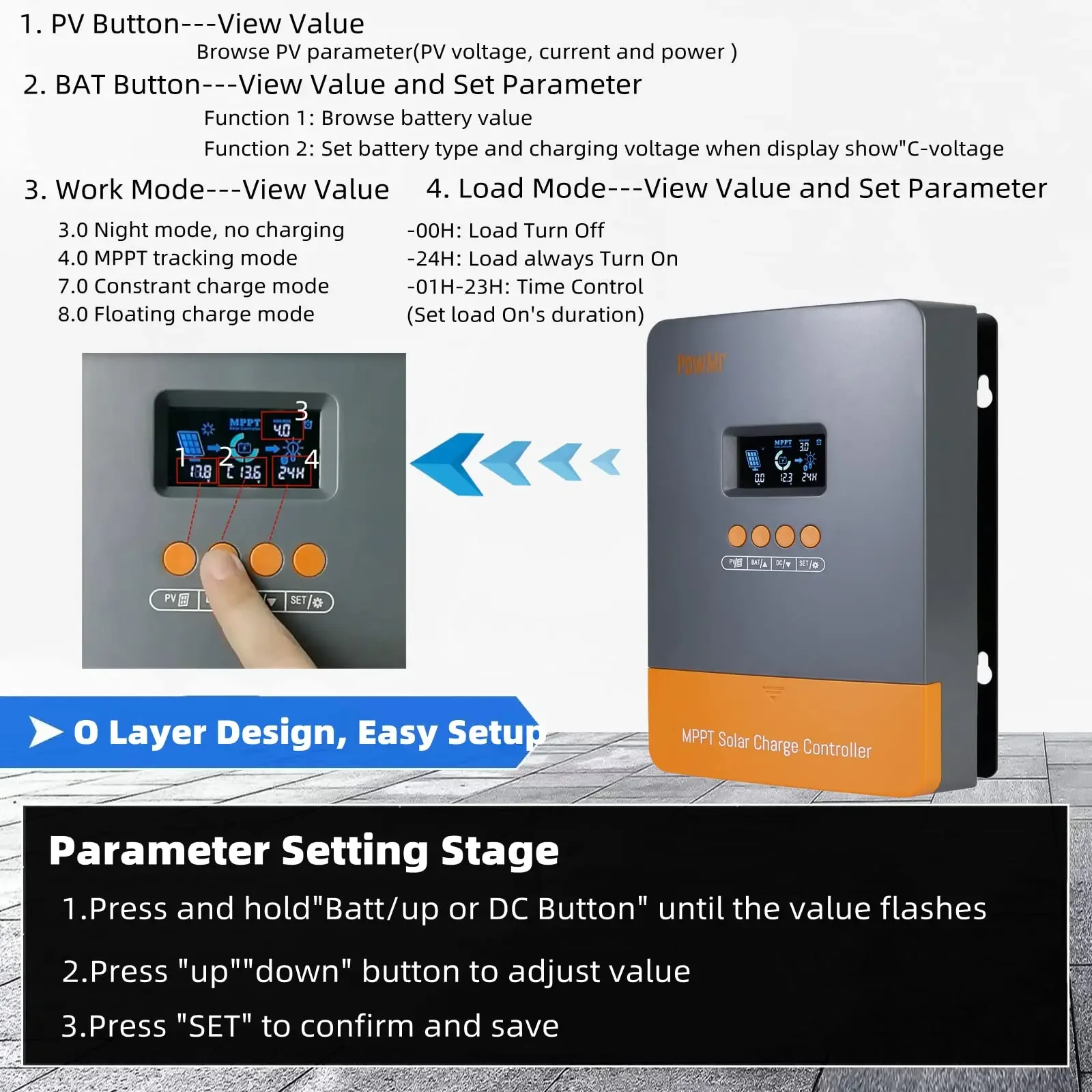 PowMr MPPT 60A Solar Charge Controller 12V 24V 36V 48V Battery Regulator For Lithium, LiFePo4, Lead-Acid, Gel Battery