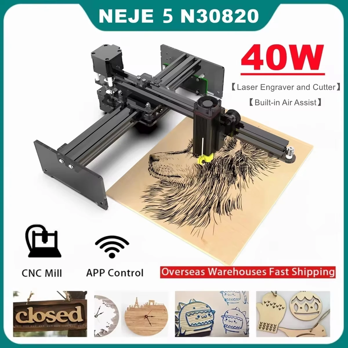 NEJE 5 mesin pengukir Laser CNC, mesin atas meja 40W N30820 Laser, kepala pemotong kayu, mesin pencetak Router App-Bluetooth Lightburn