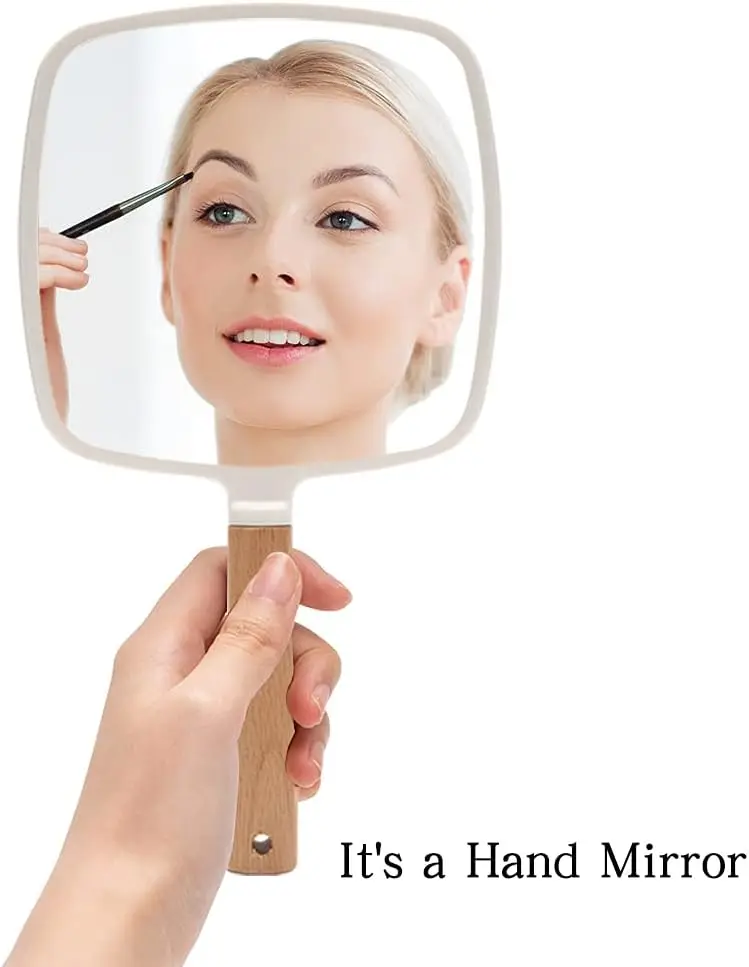 1-delige draagbare spiegel met handvat voor make-up Houten handspiegel voor scheren met gat Hangende draagbare reismake-upspiegel