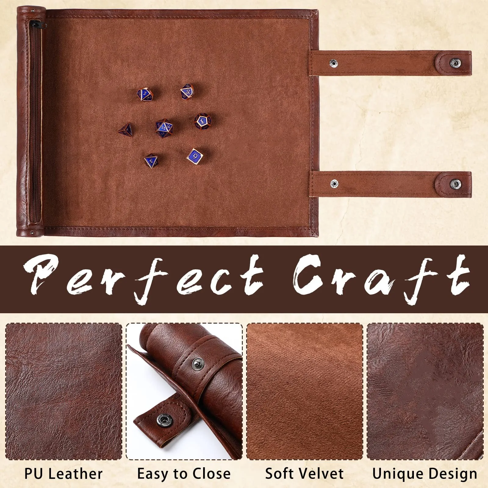 طوي النرد المتداول حصيرة صينية مع سستة بولي Leather حقيبة النرد الجلدية ل RPG DND متعددة الوجهين النرد حقيبة التخزين لعبة الملحقات