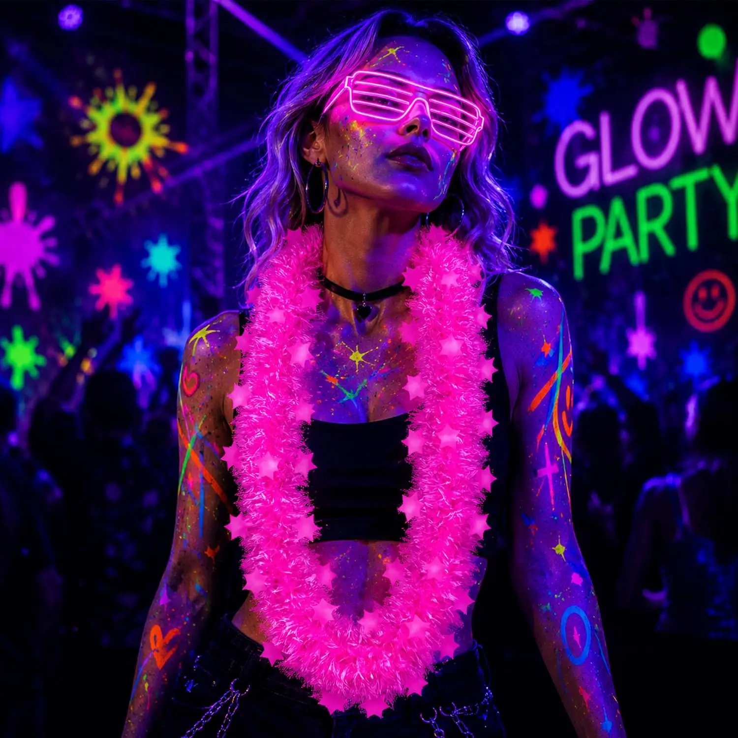 Fun 5 Star Flower Garland Glow in Dark Blacklight Necklace Neon Decor Tassel Music Festival Rave Photoshoot Prop Set view 2