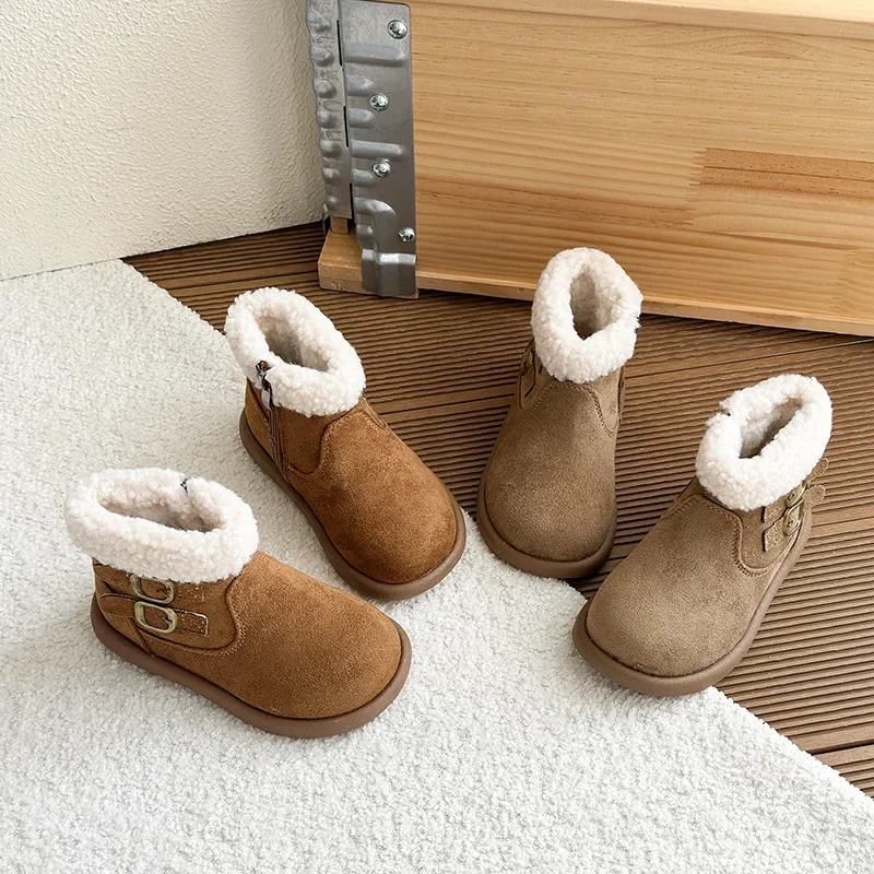 Children Leather Boots Retro Suede Warm Sweet Girls Ankle Boots with Side Zipper 2025 Winter New Kids Short Boots Princess Style