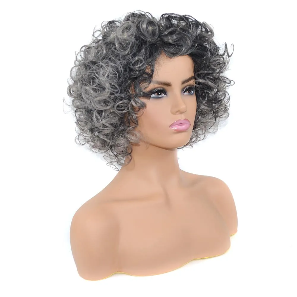 

Jeedou Synthetic Wigs Short Curly Hair Wig Fluffy Hairstyle Mix of Black Gray Colors for Women Daily Use Wigs Naturl Looking
