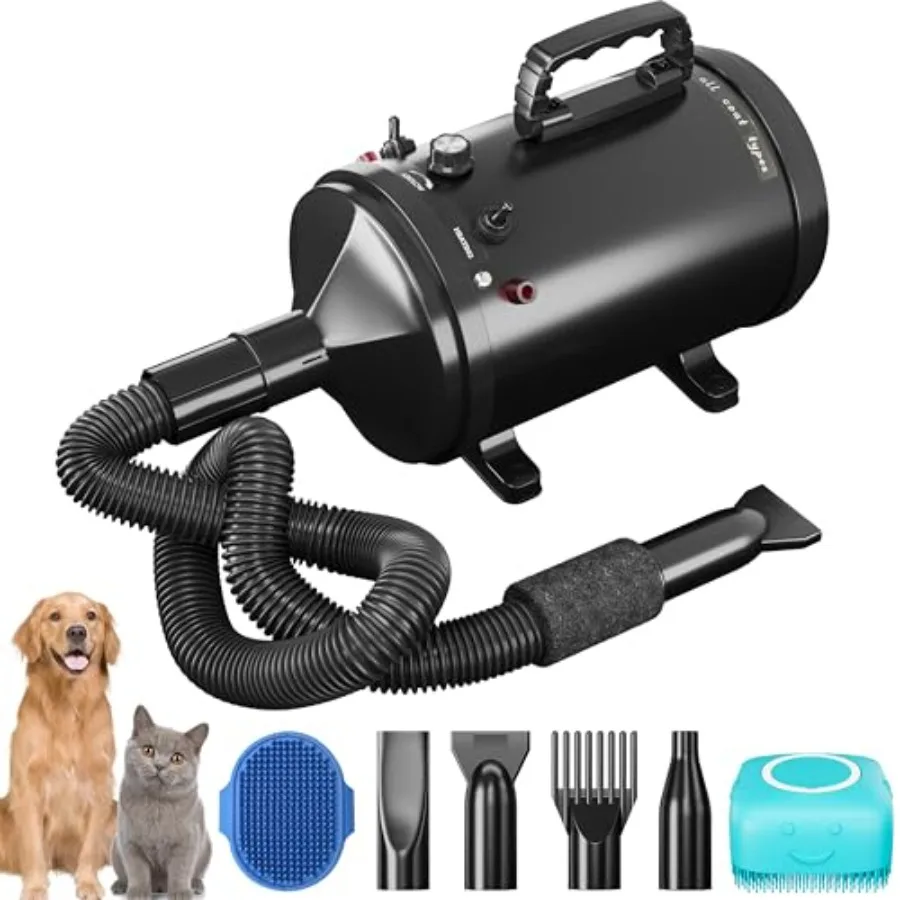 

High Velocity Professional Pet Grooming Dryer with Adjustable Speed and Temperature Dog Blow Dryer with 4 Nozzles Pet Hair Drye